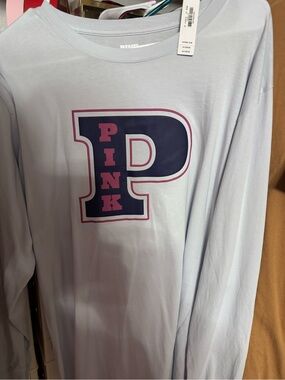 PINK Victoria's Secret Light Blue Long Sleeve Tee with Navy & Pink P Graphic
